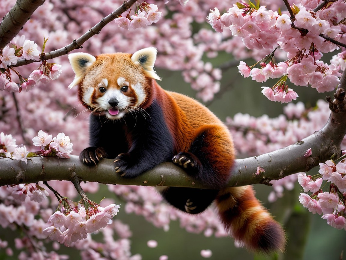 Red panda among pink cherry blossoms in nature scene