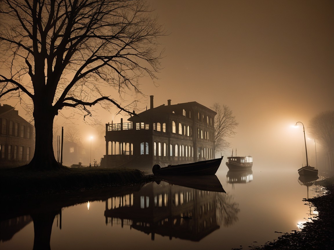 Foggy Night Scene with Silhouetted Tree and Waterway
