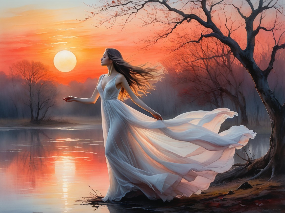 Serene sunset landscape with woman by tranquil lake
