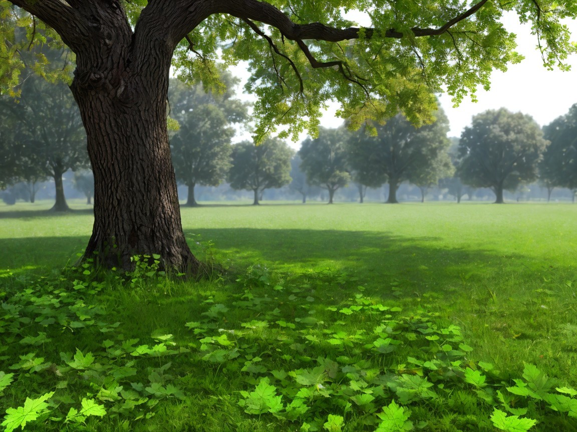 Serene Landscape with a Large Tree and Green Grass