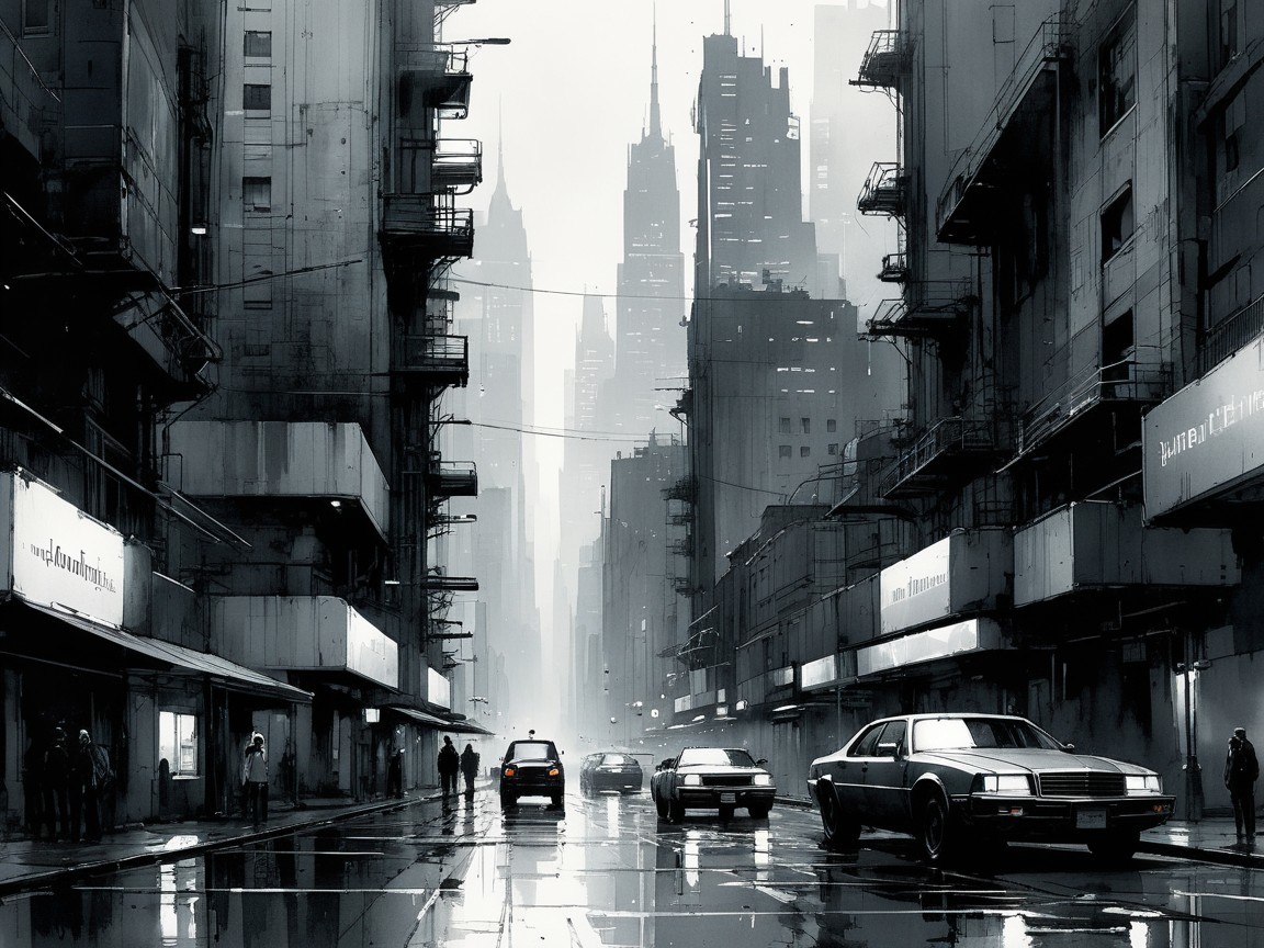 Misty Urban Streets and Shadowy Skyscrapers