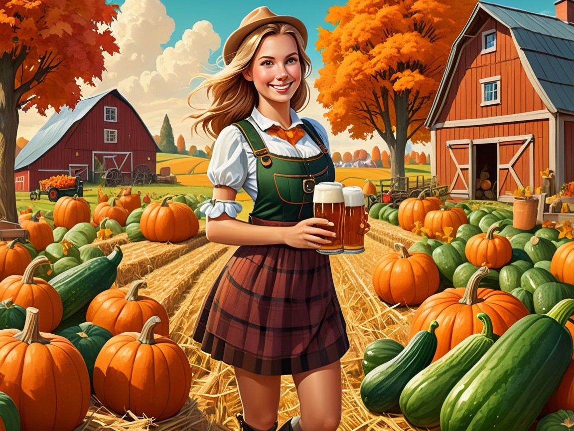 Cheerful Woman in Bavarian Outfit with Autumn Landscape