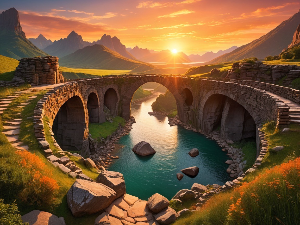 Stunning Landscape with Stone Bridge and Sunset Reflections