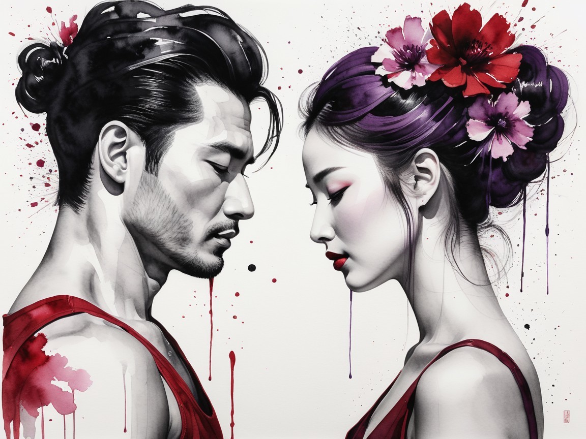 Profile Figures in Red Attire with Watercolor Accents