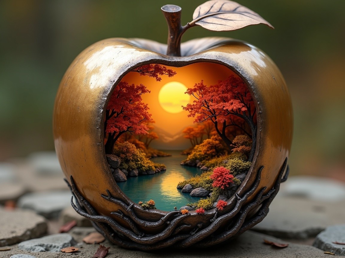 Golden apple with serene landscape and autumn trees