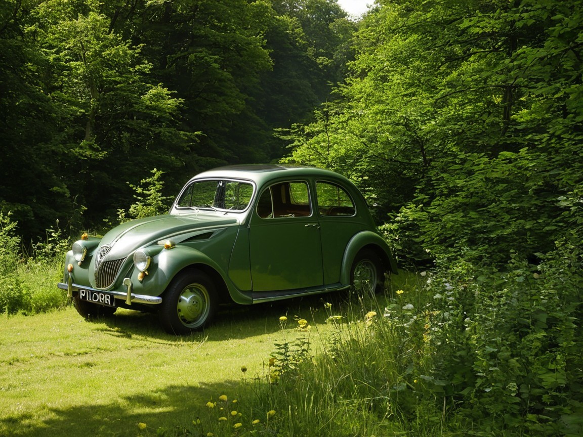 Vintage Green Car Surrounded by Lush Greenery