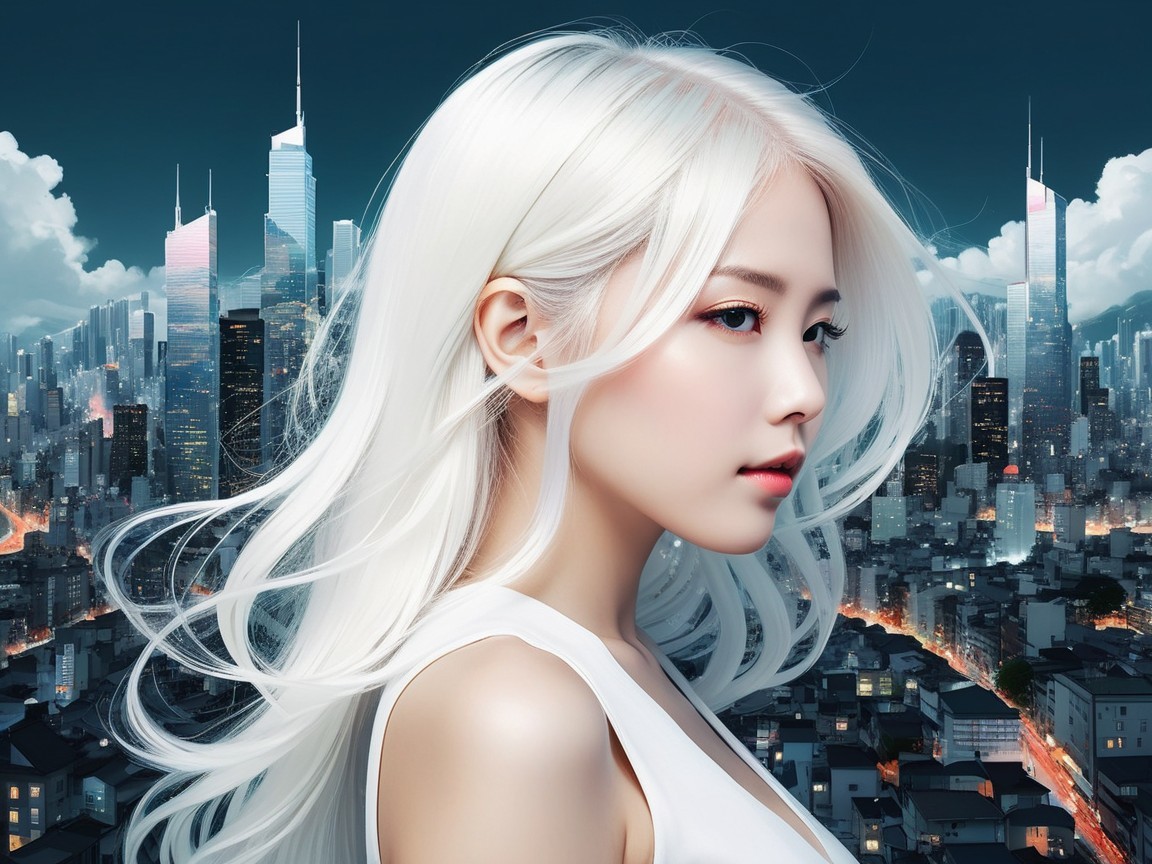 Young woman with white hair against futuristic skyline