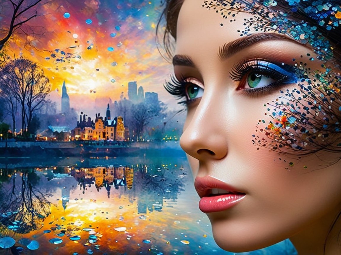 Portrait of a woman with vibrant face paint and sunset