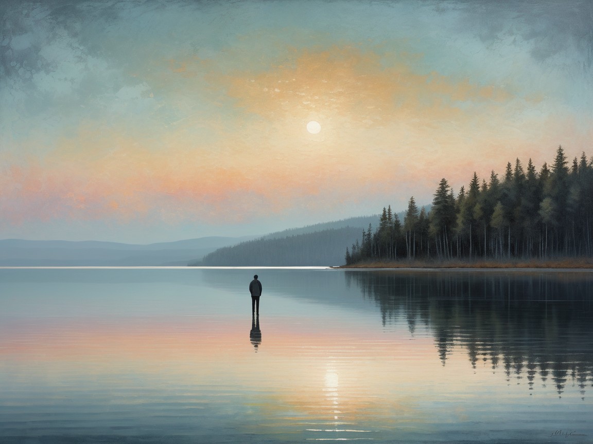 Solitary Figure in Serene Sunrise Landscape