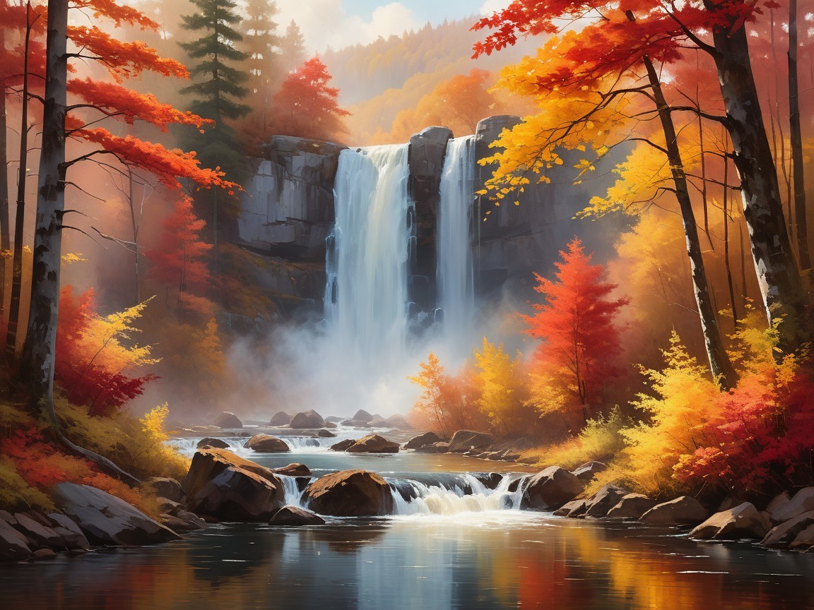 Serene Waterfall Surrounded by Autumn Foliage