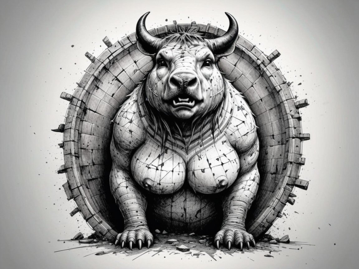 Muscular Bull Emerging from Wooden Structure