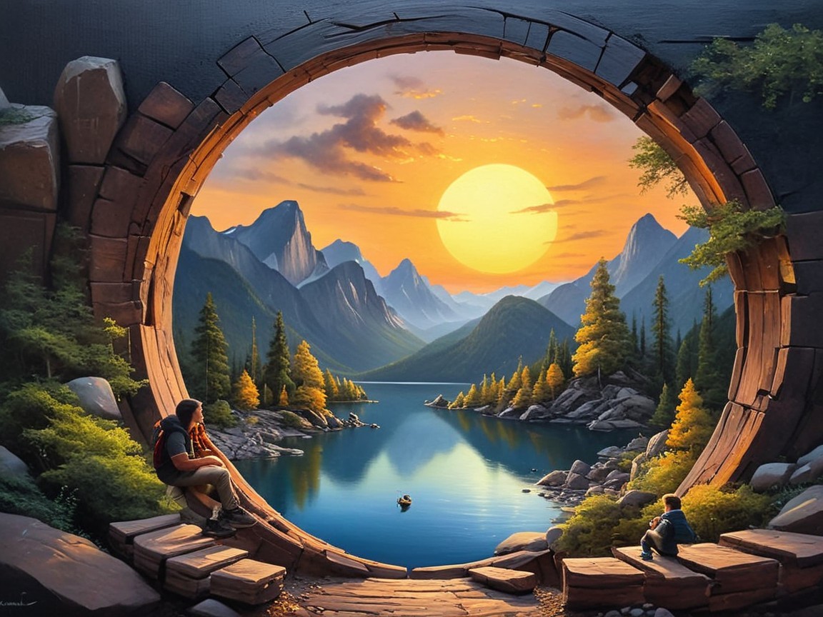 Landscape View Through Circular Stone Archway