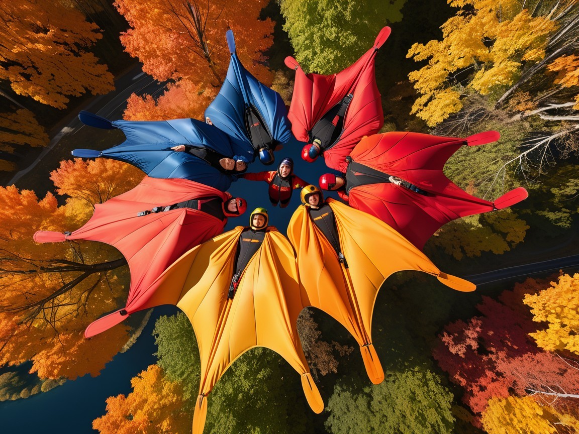 Wing Suit Flyers Form Colorful Pattern Amid Autumn Foliage