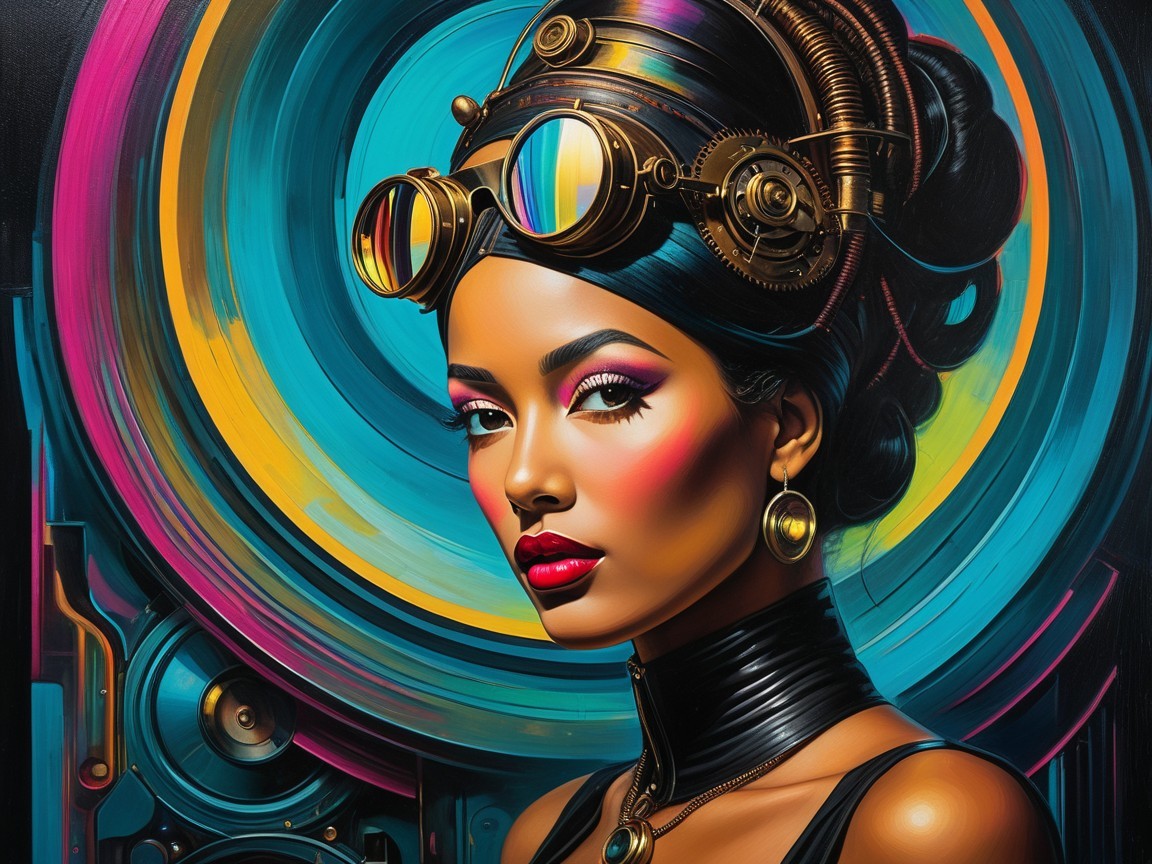 Steampunk Female Figure with Bold Makeup and Accessories
