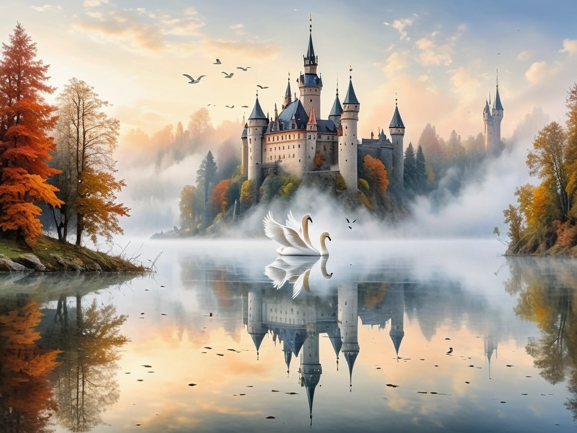 Castle Surrounded by Autumn Foliage and Swans