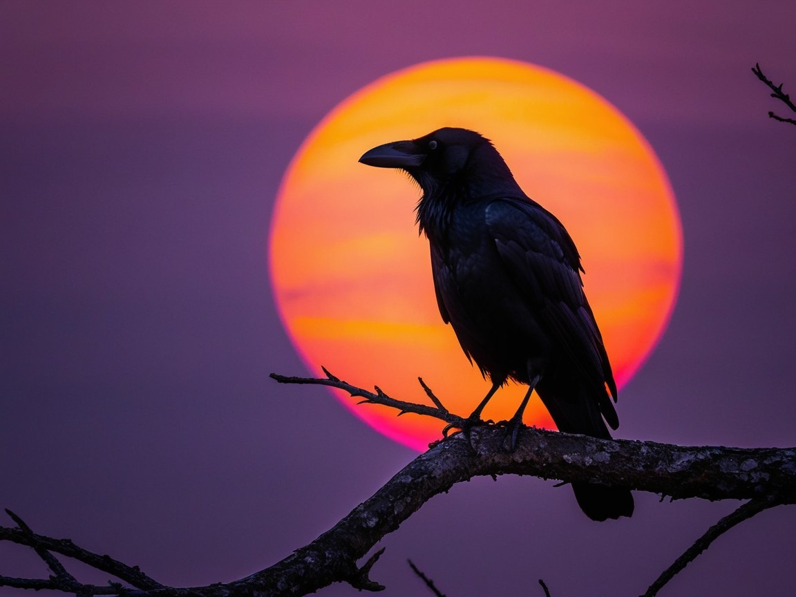 Raven Silhouetted Against Vibrant Sunset Colors
