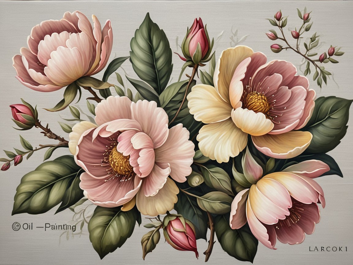 Delicate Pink Flower Bouquet Oil Painting Description