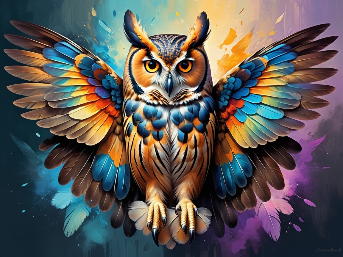 Majestic Owl with Colorful Wings and Detailed Plumage