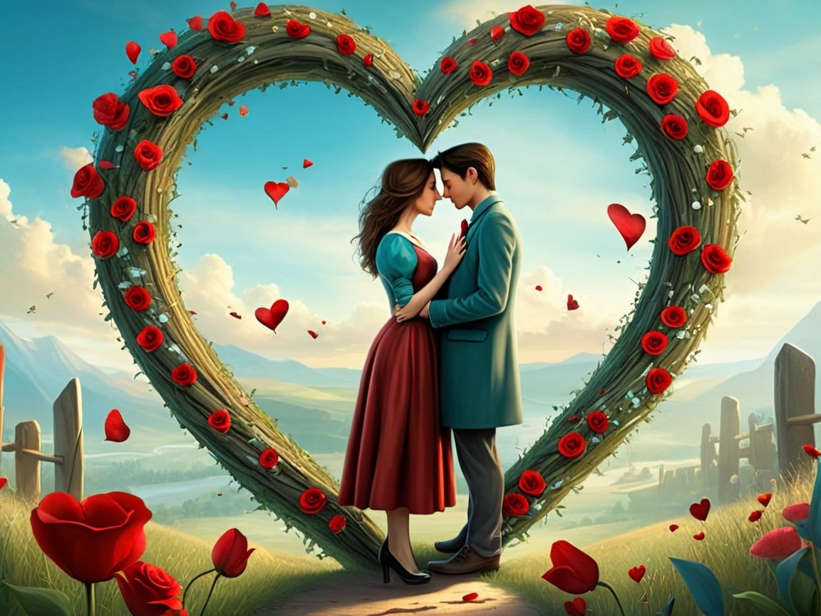 Romantic Landscape with Heart-Shaped Vine and Roses