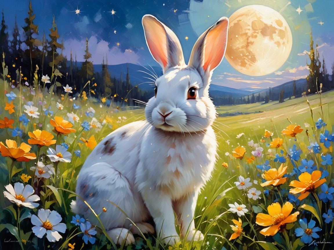 Fluffy White Rabbit in Colorful Meadow at Twilight