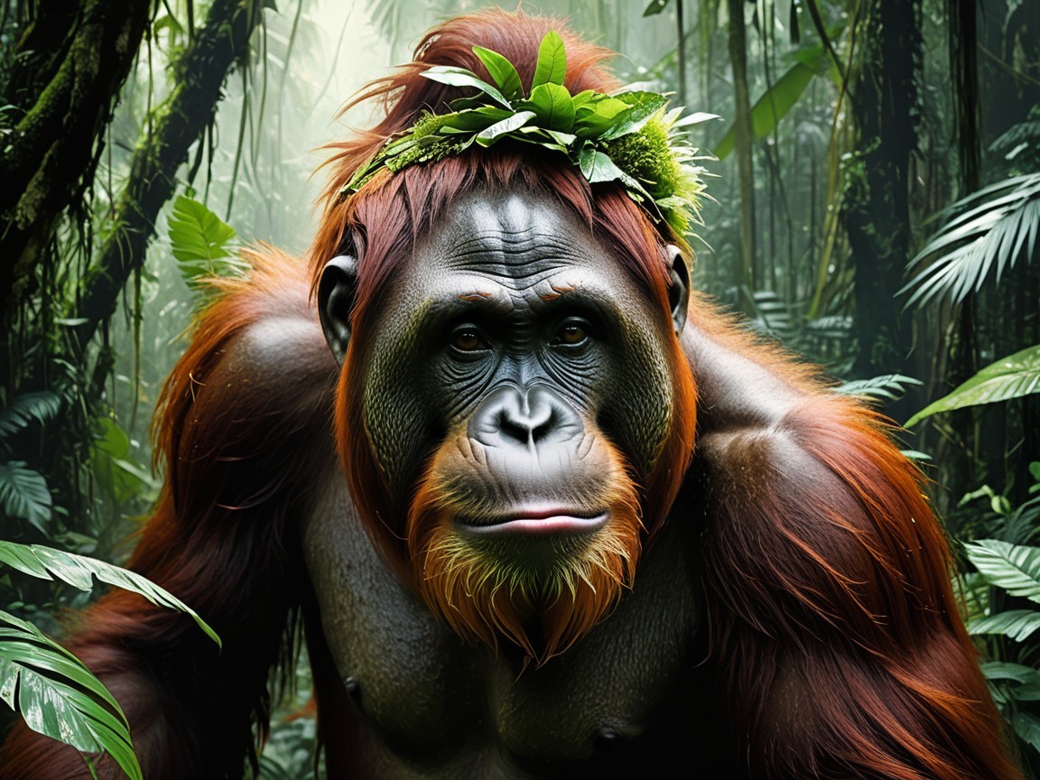 Majestic orangutan in lush jungle with vibrant greenery
