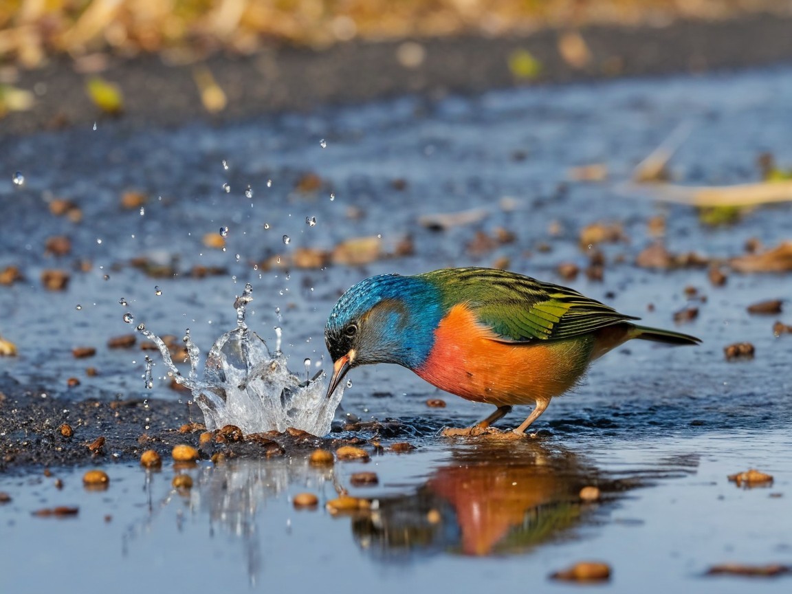 Multicolored Bird Splashing in Puddle with Vivid Plumage