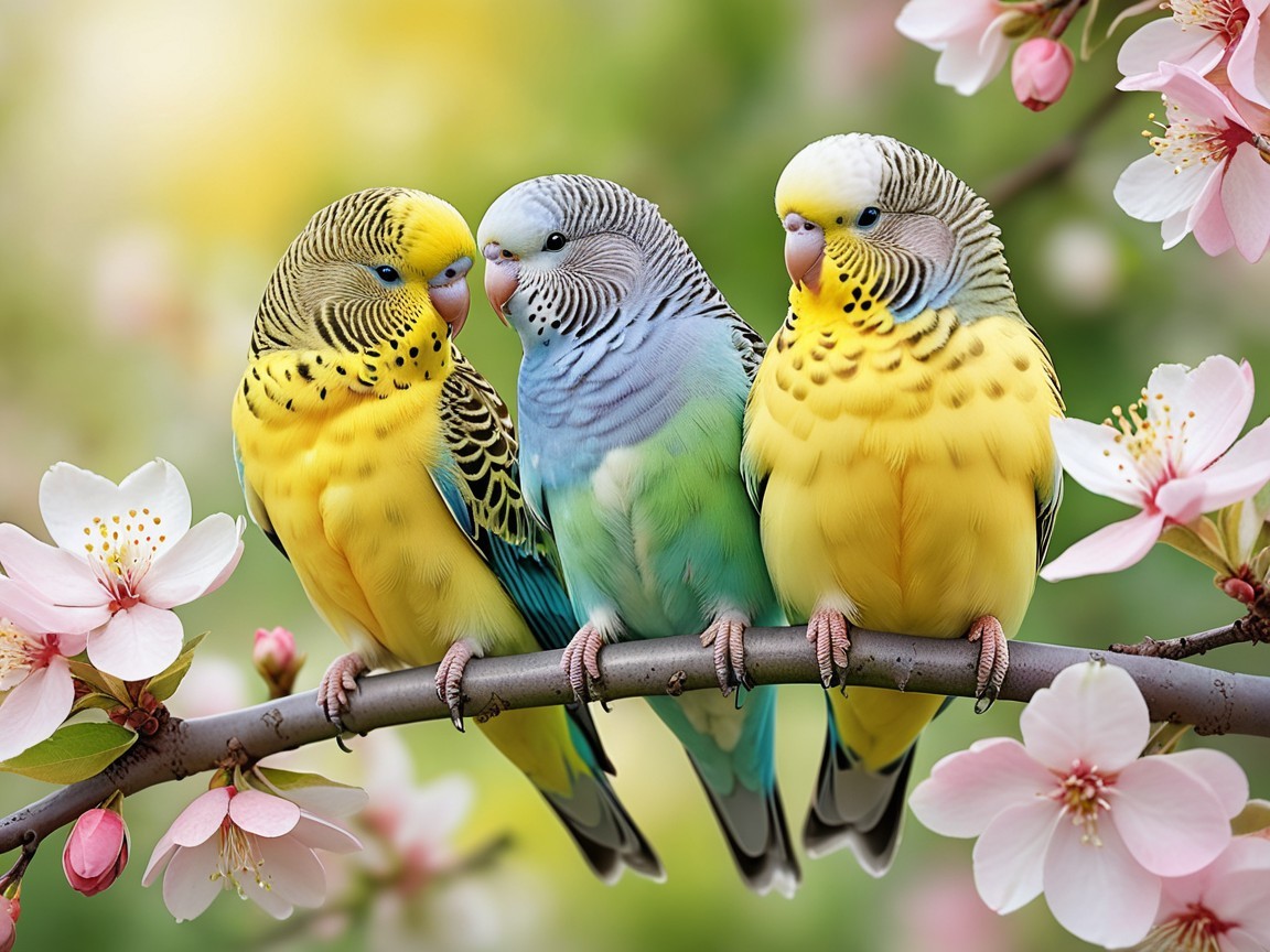 Vibrant Budgerigars on Branch with Cherry Blossoms