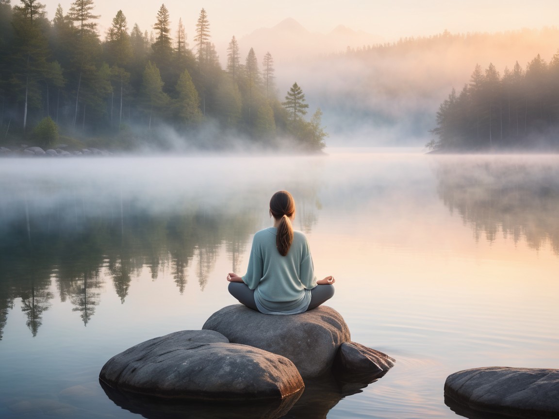 Dawn Meditation by a Tranquil Lake with Mist