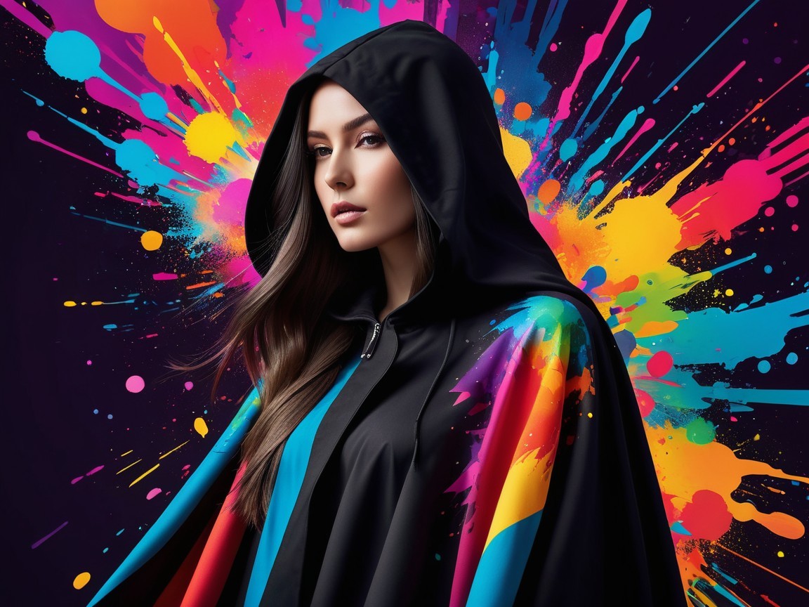 Young woman in black cloak against colorful backdrop