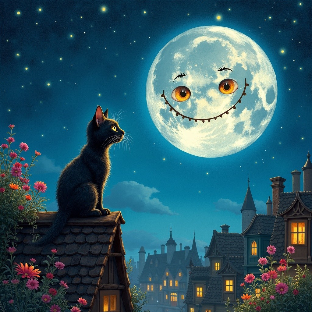 Whimsical Night Scene with Moon and Village Elements