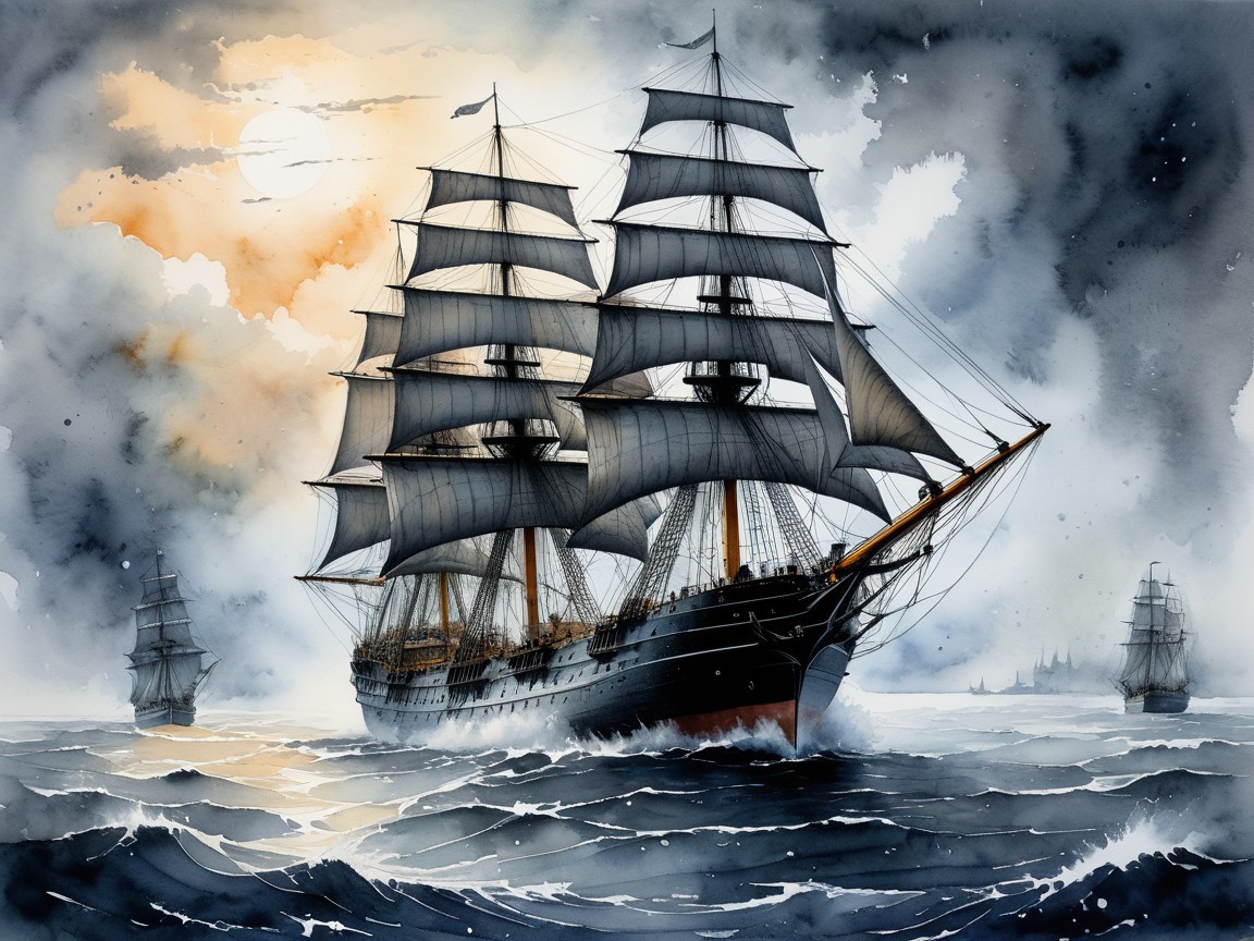 Tall Ship Sailing Through Turbulent Waters in Watercolor