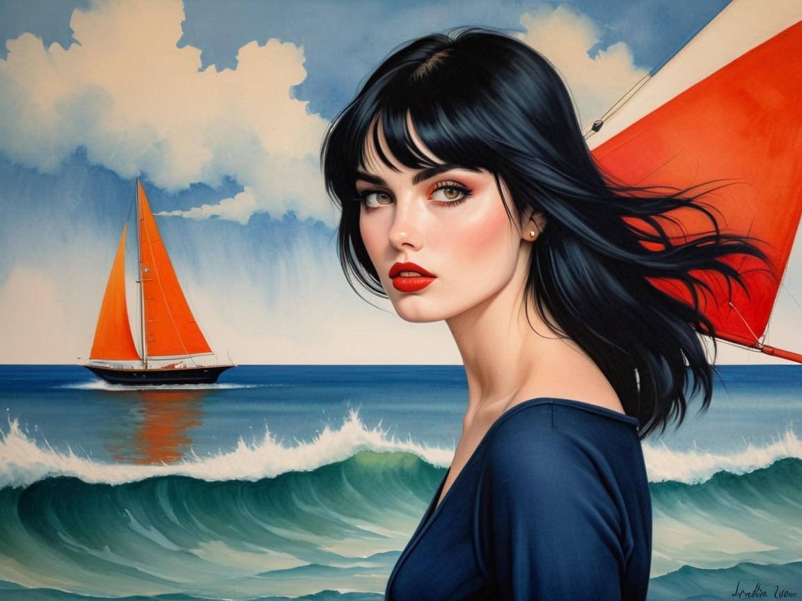Young Woman by Ocean with Sailboat and Vibrant Colors