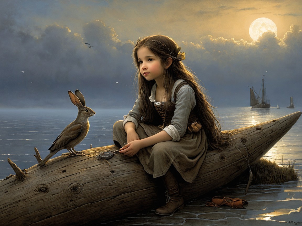 Young girl by water with rabbit and bird at twilight