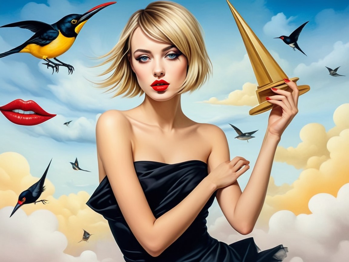 Stylized Woman with Trophy Against Vibrant Sky
