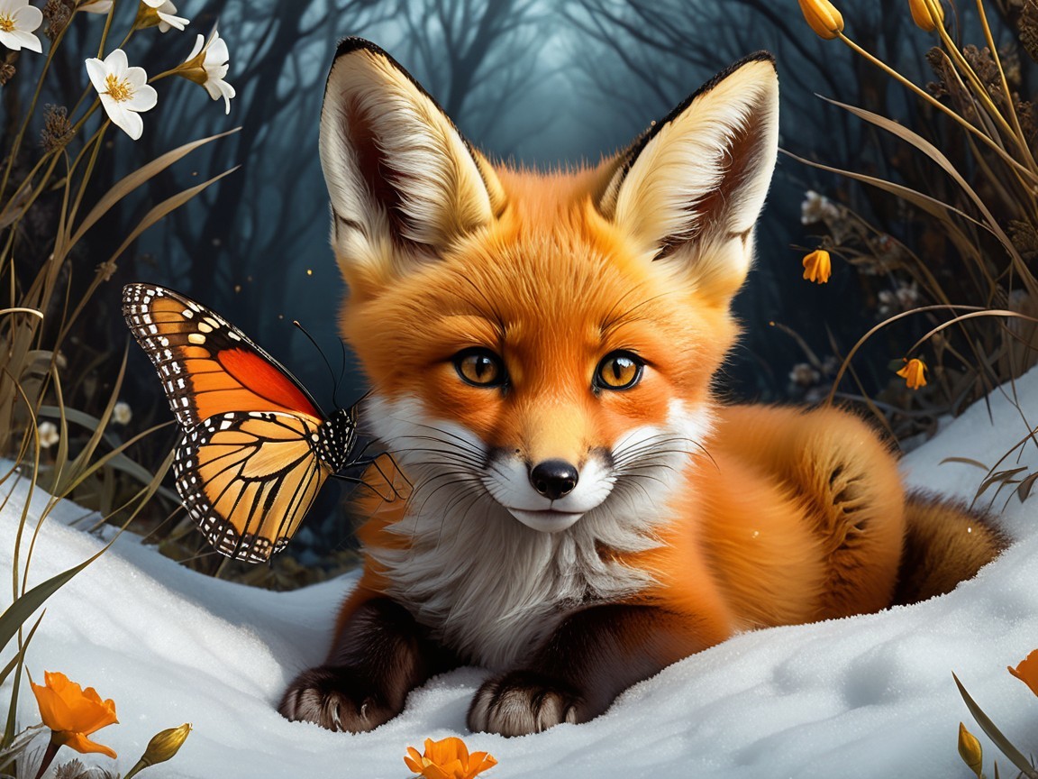 Orange Fox and Butterfly in Snowy Winter Scene