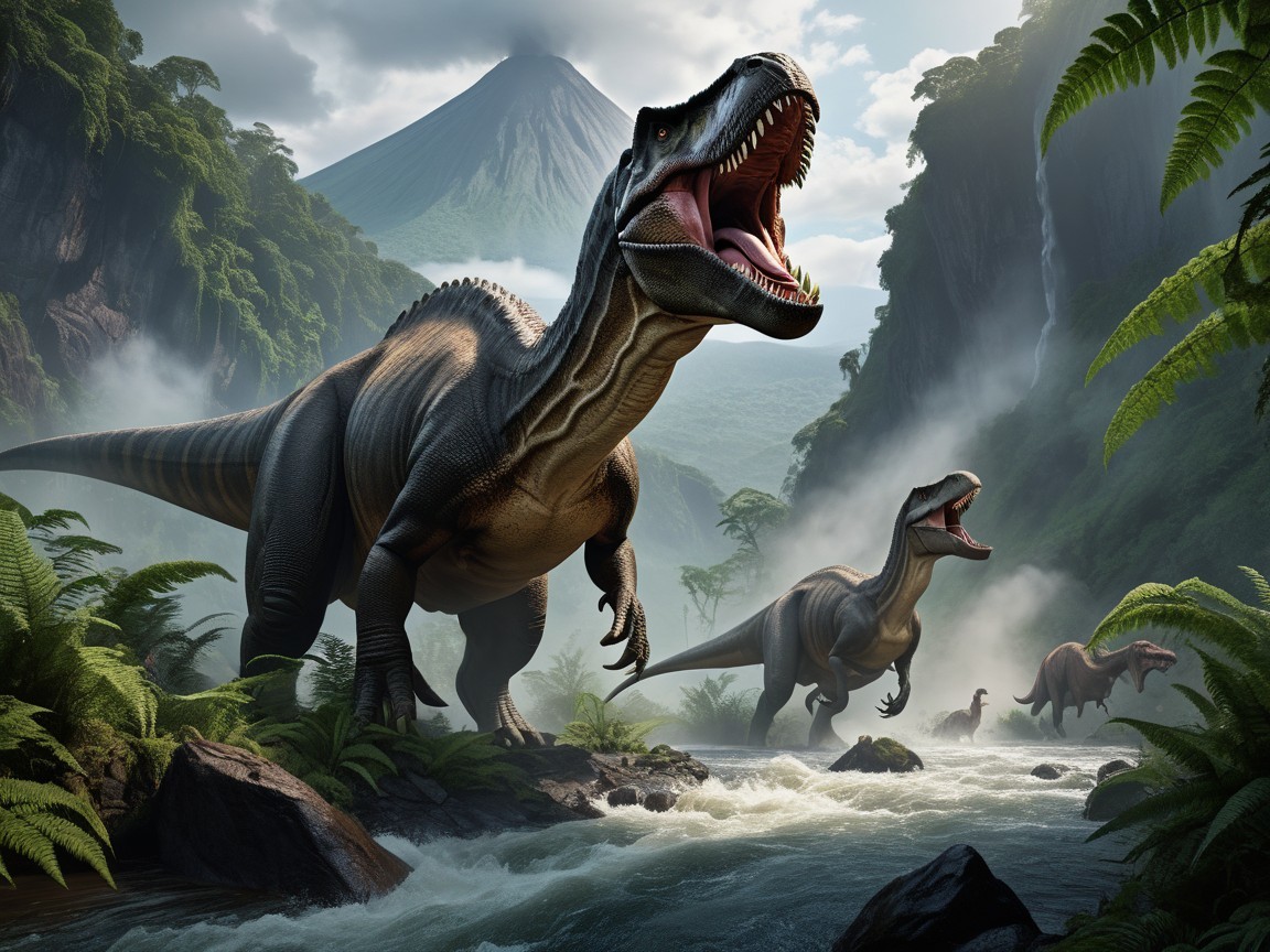 Dramatic Prehistoric Scene with Roaring Dinosaurs