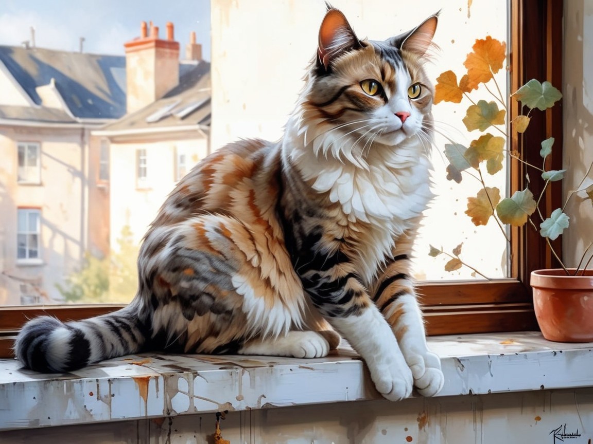 Calico Cat on Windowsill with Cozy Street View