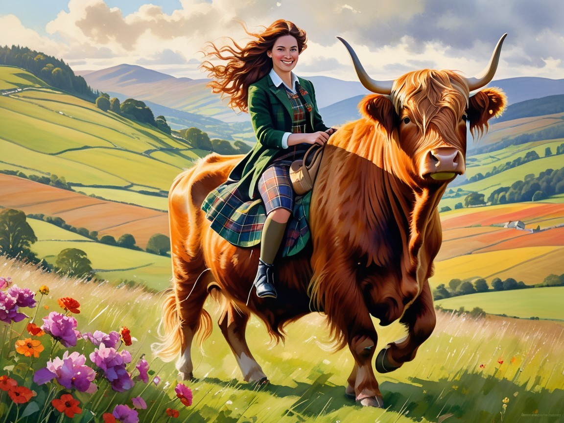 Young Woman Riding Highland Cow in Vibrant Landscape
