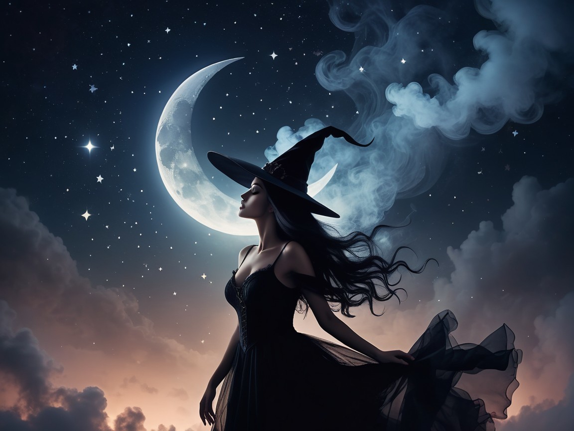 Silhouette of a Woman in Witch Hat Under Moonlight
