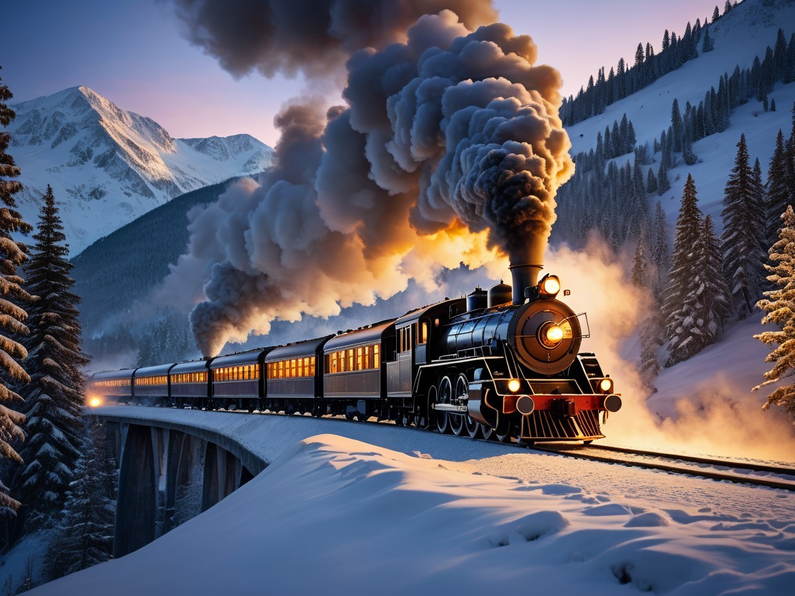 Vintage Steam Locomotive on Snowy Mountain Track