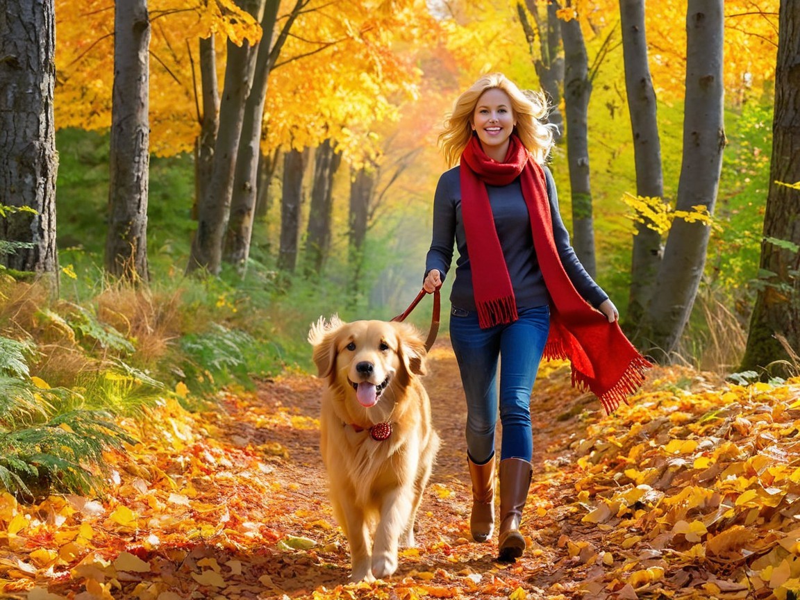 Woman and dog on autumn path with colorful leaves