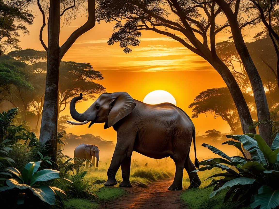 Elephant in Lush Greenery at Sunset Scene