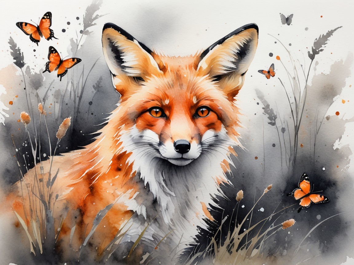 Watercolor Painting of a Fox with Butterflies and Grasses