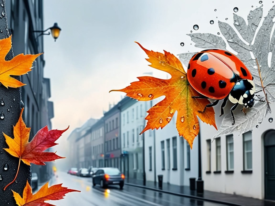Misty Autumn Street Scene with Leaves and Rain