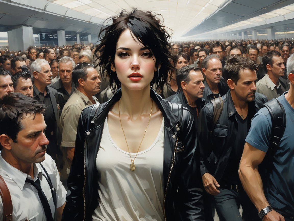 Woman in Leather Jacket Stands Out in Airport Terminal