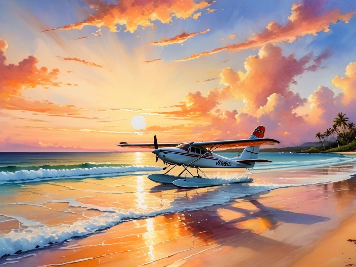Vibrant Sunset Over Calm Ocean with Seaplane and Palms