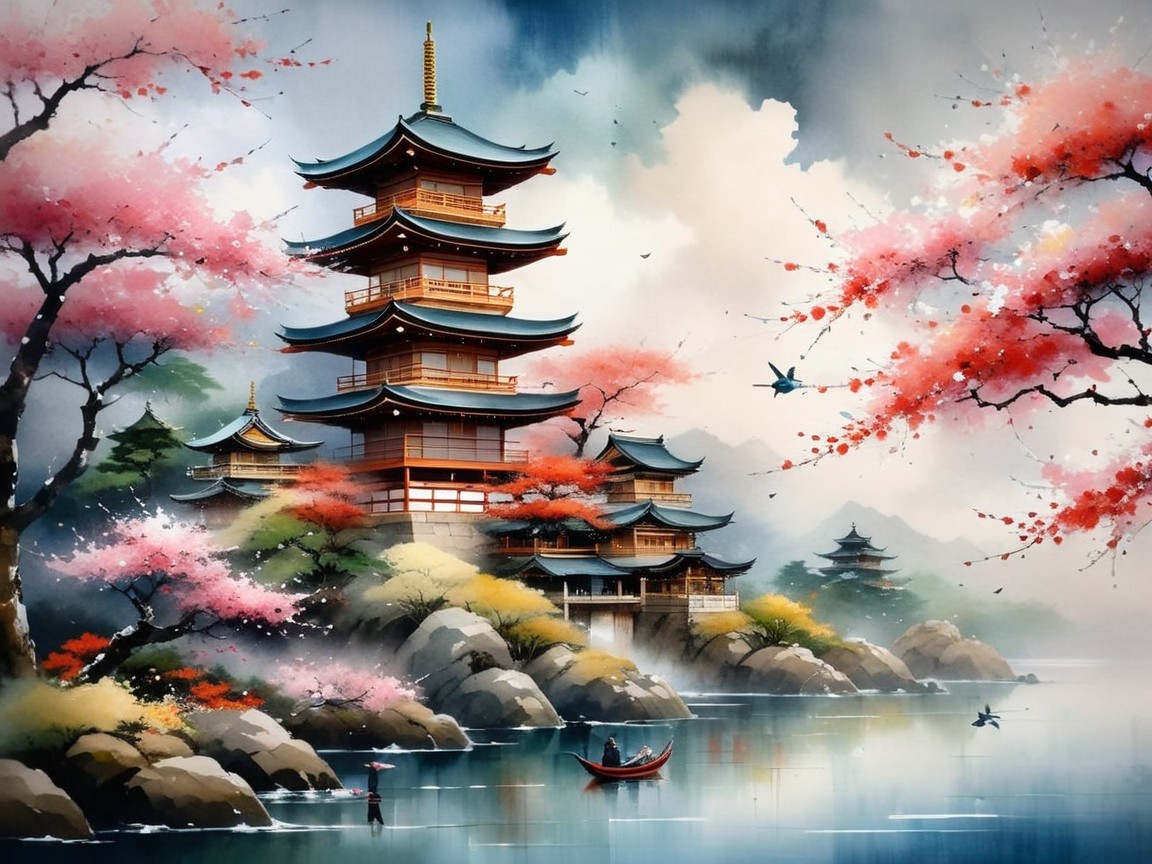 Tranquil Landscape with Pagoda and Cherry Blossoms