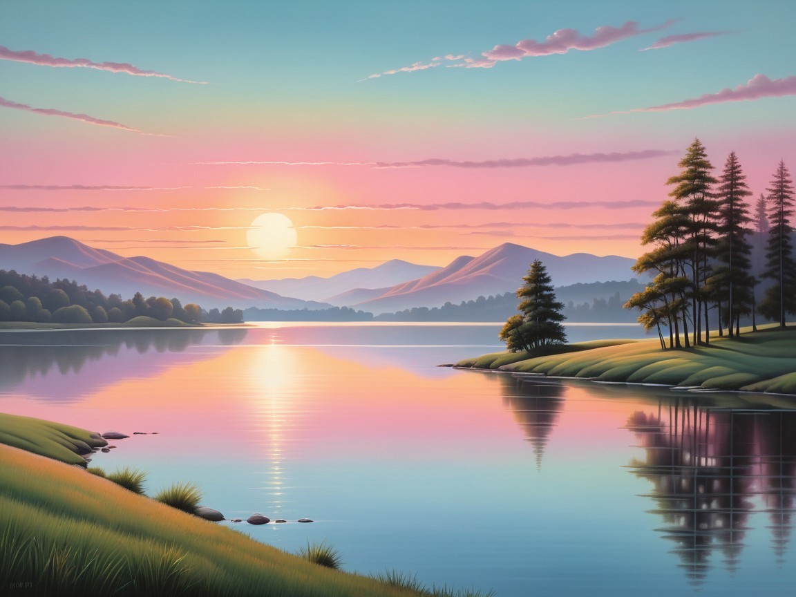 Serene Lakeside Sunset with Vibrant Sky Reflections