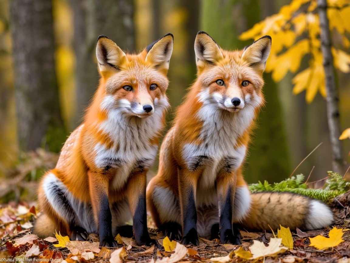 Red foxes in autumn forest setting with sunlight
