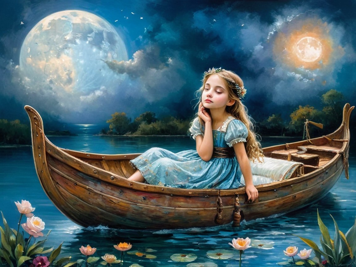 Serene girl in blue dress on moonlit lake boat